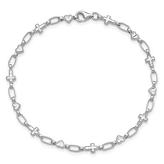 Sterling Silver Rhodium-plated 7.5 inch Heart and Cross Bracelet QG6307-7.5