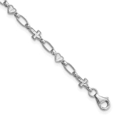 Sterling Silver Rhodium-plated 7.5 inch Heart and Cross Bracelet QG6307-7.5