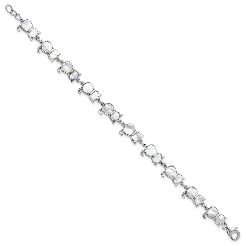 Sterling Silver Rhodium-plated Mother of Pearl Cat Link Bracelet QG6345MOP-7.5