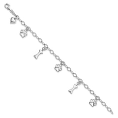 Sterling Silver Rhodium-plated Dog Bone Paw Heart Charm 7.5in Bracelet QG6346-7.5