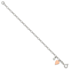Sterling Silver Rose Gold-plated Polished w/Heart and CZ Link Bracelet QG6348-7