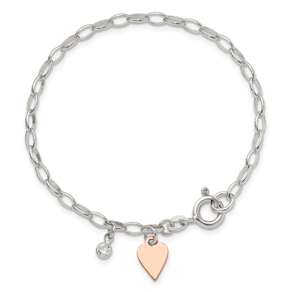 Sterling Silver Rose Gold-plated Polished w/Heart and CZ Link Bracelet QG6348-7