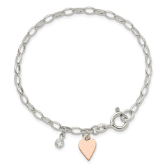 Sterling Silver Rose Gold-plated Polished w/Heart and CZ Link Bracelet QG6348-7
