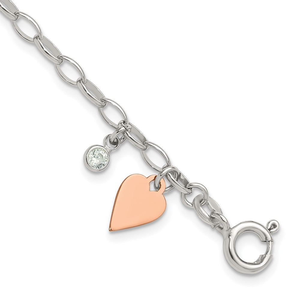 Sterling Silver Rose Gold-plated Polished w/Heart and CZ Link Bracelet QG6348-7