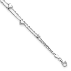 Sterling Silver Rhod-plated 6.75 1in ext Two Strand Heart/Bead Bracelet QG6352-6.75