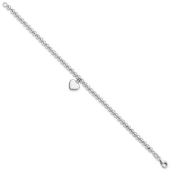 Sterling Silver Rhodium-plated 4mm Beaded Dangle Heart 7.5in Bracelet QG6360-7.5