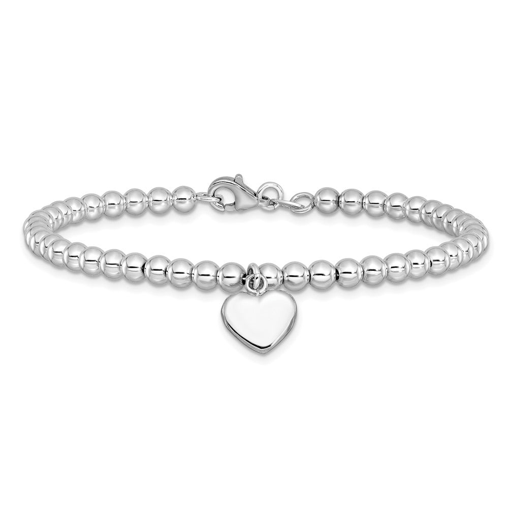 Sterling Silver Rhodium-plated 4mm Beaded Dangle Heart 7.5in Bracelet QG6360-7.5