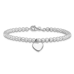 Sterling Silver Rhodium-plated 4mm Beaded Dangle Heart 7.5in Bracelet QG6360-7.5