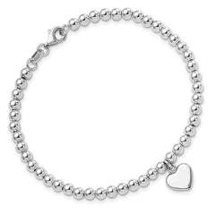 Sterling Silver Rhodium-plated 4mm Beaded Dangle Heart 7.5in Bracelet QG6360-7.5
