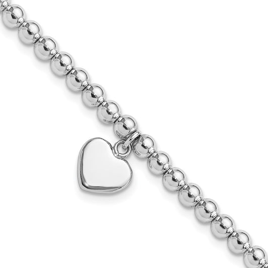 Sterling Silver Rhodium-plated 4mm Beaded Dangle Heart 7.5in Bracelet QG6360-7.5