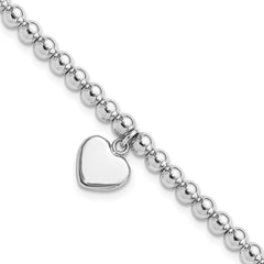 Sterling Silver Rhodium-plated 4mm Beaded Dangle Heart 7.5in Bracelet QG6360-7.5