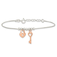 Sterling Silver w/Rose Tone Lock and Key Beaded 7in w/1in ext. Bracelet QG6363-7
