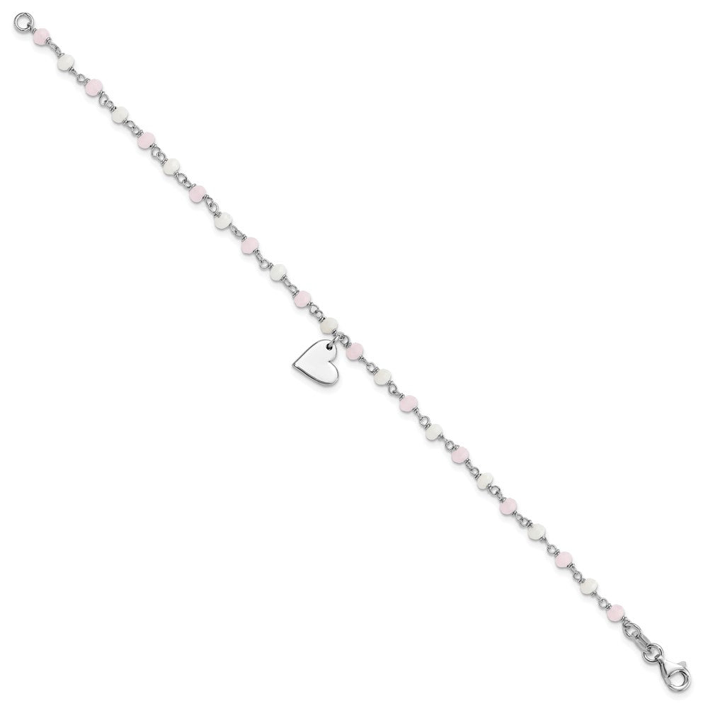 Sterling Silver Rhod-plated Heart Pink/White Glass Beads 7.5in Bracelet QG6365-7.5