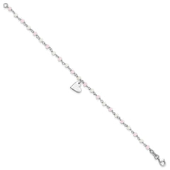 Sterling Silver Rhod-plated Heart Pink/White Glass Beads 7.5in Bracelet QG6365-7.5
