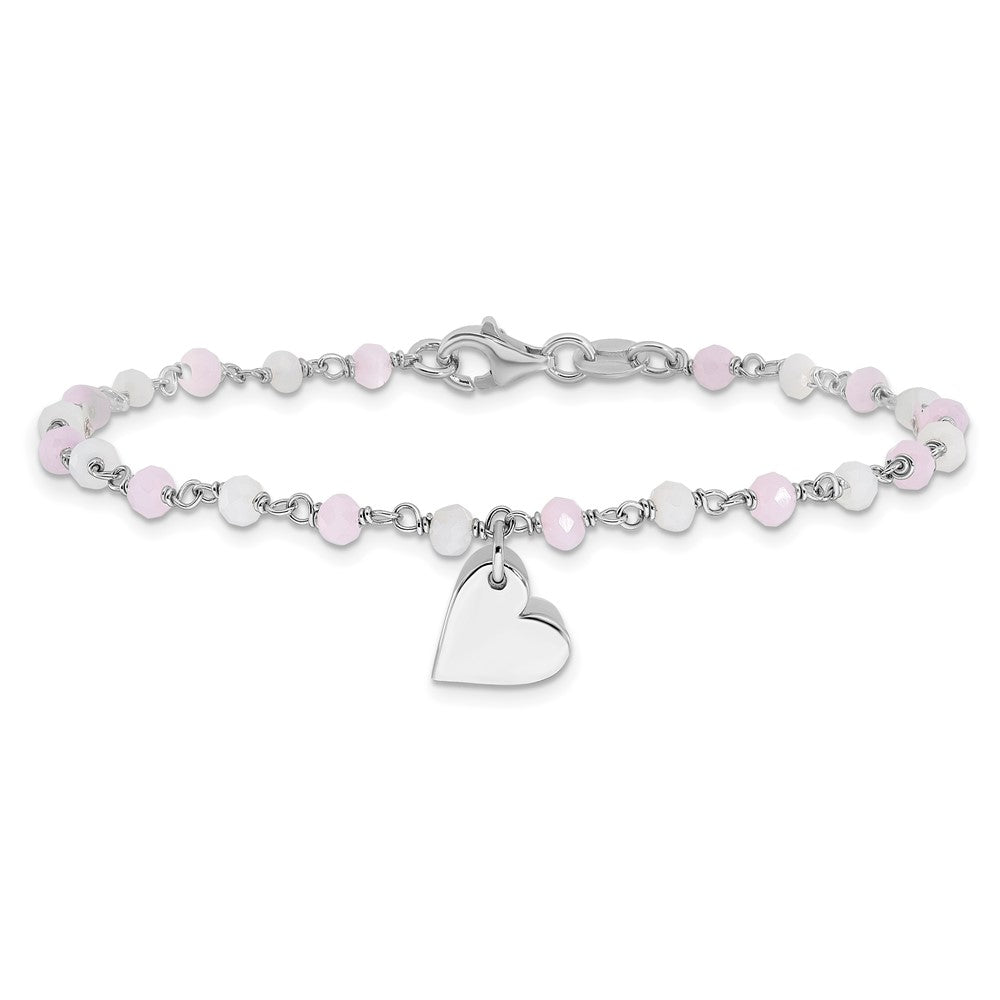 Sterling Silver Rhod-plated Heart Pink/White Glass Beads 7.5in Bracelet QG6365-7.5