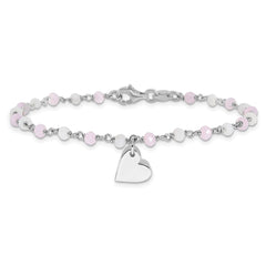 Sterling Silver Rhod-plated Heart Pink/White Glass Beads 7.5in Bracelet QG6365-7.5