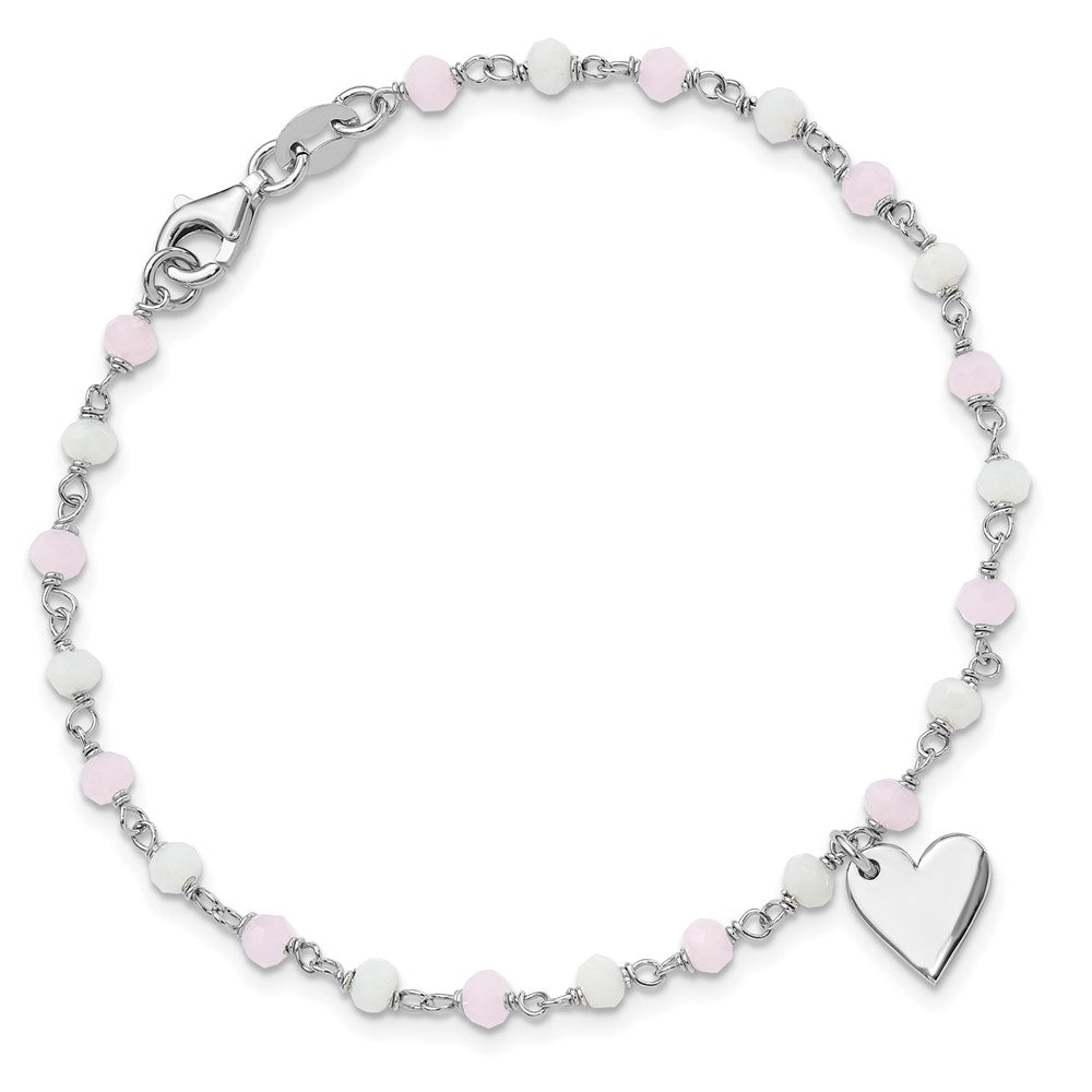 Sterling Silver Rhod-plated Heart Pink/White Glass Beads 7.5in Bracelet QG6365-7.5