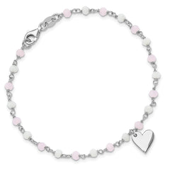 Sterling Silver Rhod-plated Heart Pink/White Glass Beads 7.5in Bracelet QG6365-7.5