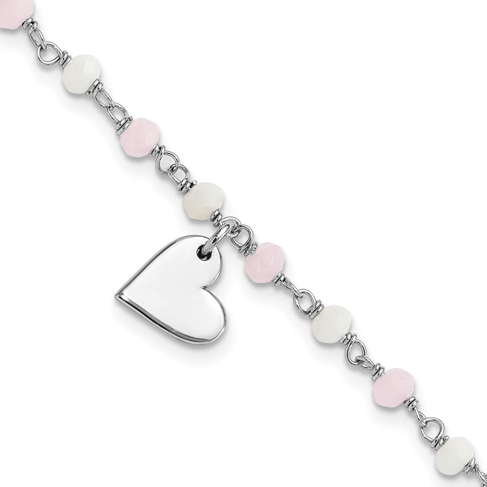 Sterling Silver Rhod-plated Heart Pink/White Glass Beads 7.5in Bracelet QG6365-7.5