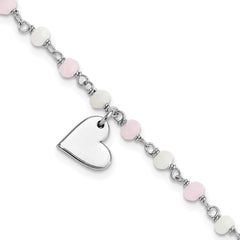Sterling Silver Rhod-plated Heart Pink/White Glass Beads 7.5in Bracelet QG6365-7.5