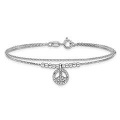 Sterling Silver Rhodium-plated CZ Peace Sign Beaded 7.5in Bracelet QG6372-7.5
