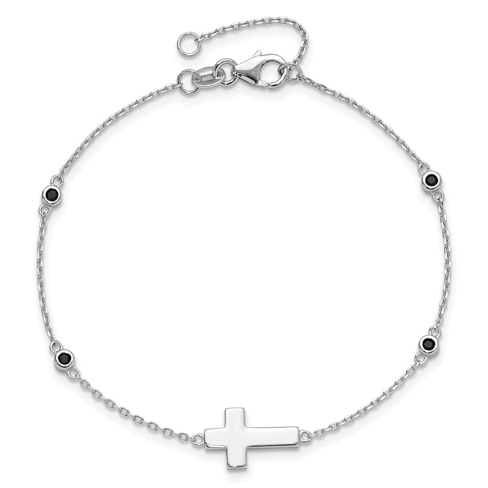 Sterling Silver Rhodium-plated Cross Black Spinel 7in w/1in ext. Bracelet QG6378-7