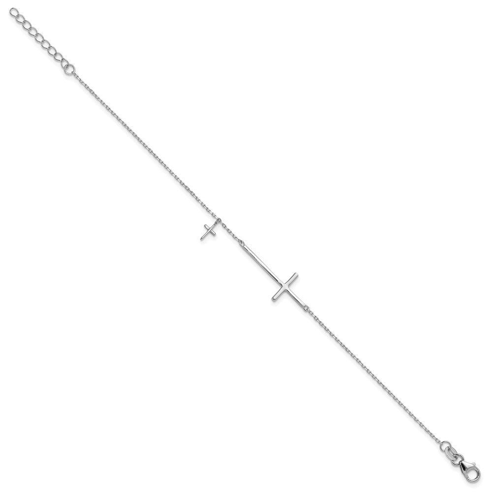 Sterling Silver Rhodium-plated Sideways Cross 7in w/1in ext. Bracelet QG6380-7