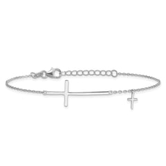 Sterling Silver Rhodium-plated Sideways Cross 7in w/1in ext. Bracelet QG6380-7