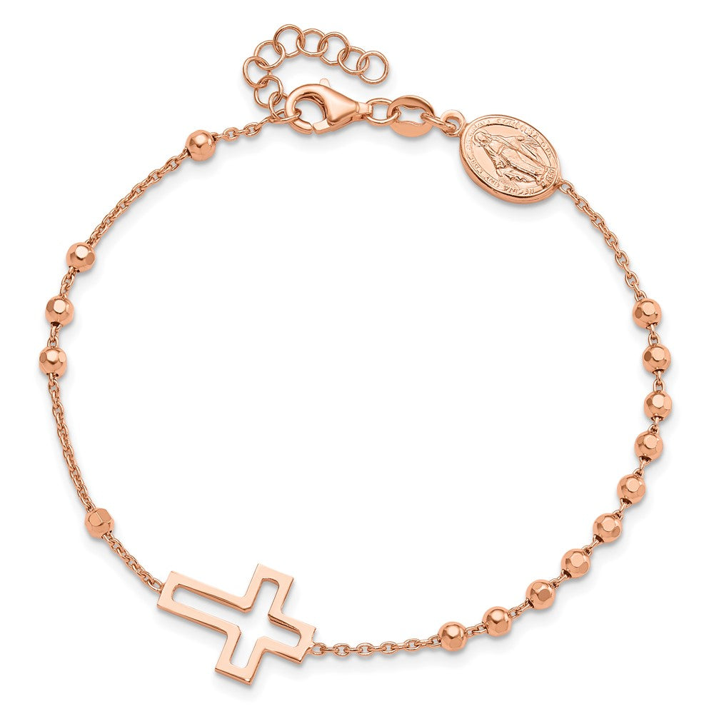 Sterling Silver Rose-tone Rosary Cross 7in w/1in Ext. Bracelet QG6381RP-7