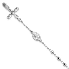 Sterling Silver Rhodium-plated Dangle Cross Beaded Rosary 7.5in Bracelet QG6383-7.5