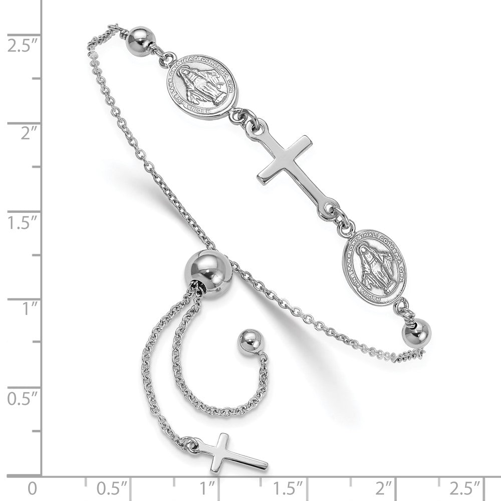 Sterling Silver Rhod-plated Cross with Medals Adjustable Bracelet QG6385