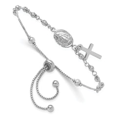 Sterling Silver Rh-plated Cross Dangle Rosary Adjustable Bracelet QG6386