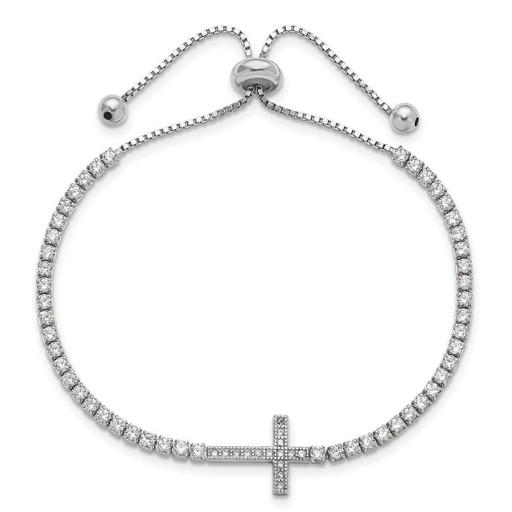 Sterling Silver Rhodium-plated CZ Sideways Cross Adjustable Bracelet QG6388