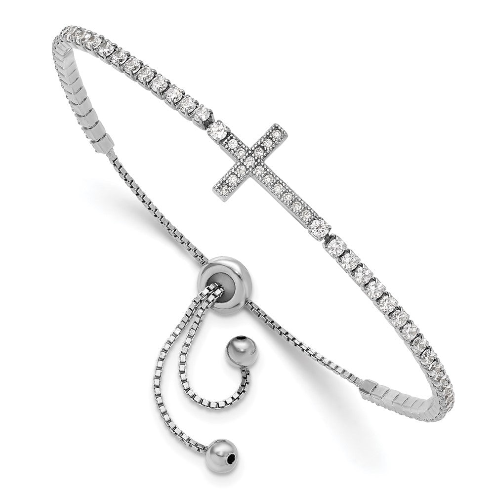 Sterling Silver Rhodium-plated CZ Sideways Cross Adjustable Bracelet QG6388