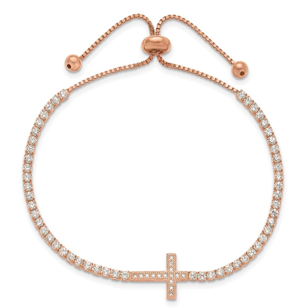 Sterling Silver Rose-tone CZ Sideways Cross Adjustable Bracelet QG6388RP