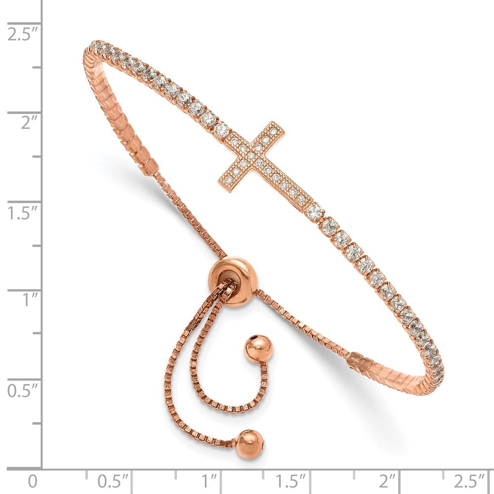 Sterling Silver Rose-tone CZ Sideways Cross Adjustable Bracelet QG6388RP