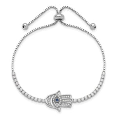 Sterling Silver Rh-plated Clear and Blue CZ Evil Eye Hamsa Adj Bracelet QG6390