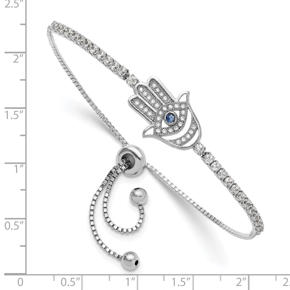 Sterling Silver Rh-plated Clear and Blue CZ Evil Eye Hamsa Adj Bracelet QG6390