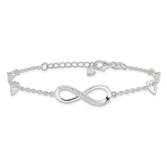Sterling Silver Rhodium-plated CZ Infinity/Hearts 7in w/1in ext Bracelet QG6462-7