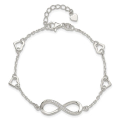 Sterling Silver Rhodium-plated CZ Infinity/Hearts 7in w/1in ext Bracelet QG6462-7