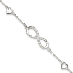 Sterling Silver Rhodium-plated CZ Infinity/Hearts 7in w/1in ext Bracelet QG6462-7