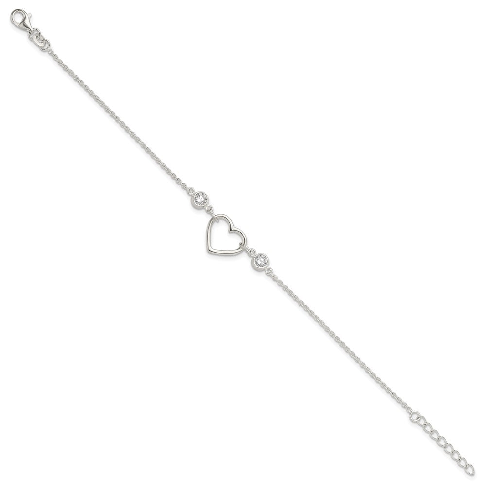 Sterling Silver Rhodium-plated Polished CZ Heart with 1in ext Bracelet QG6466-7