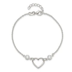 Sterling Silver Rhodium-plated Polished CZ Heart with 1in ext Bracelet QG6466-7