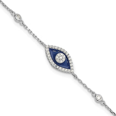 Sterling Silver RH-plated CZ Enamel Evil Eye 7in w/1in ext. Bracelet QG6470-7