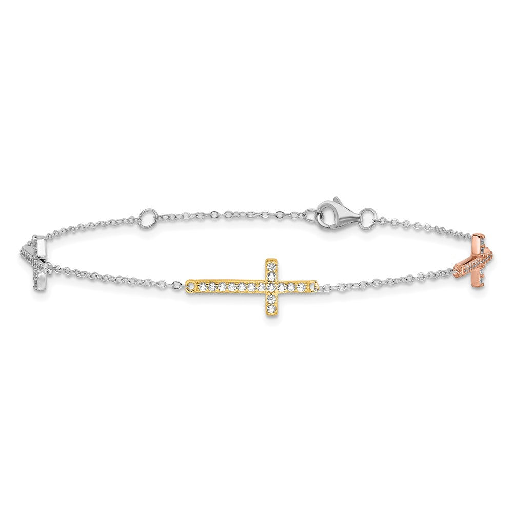 Sterling Silver Rhod-plated Gold/Rose-tone CZ Cross w/1in ext. Bracelet QG6471-7