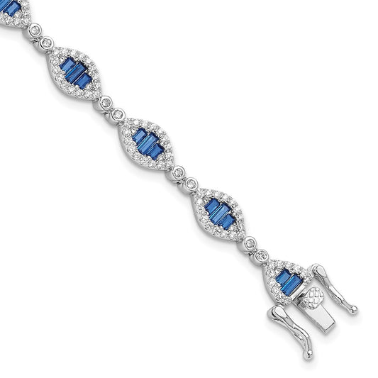 Sterling Silver Rhodium-plated White and Blue CZ Link Bracelet QG6475-7