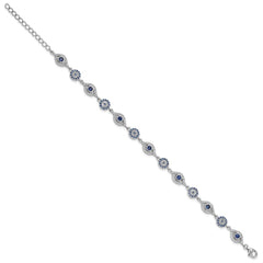 Sterling Silver RH-plated Blue White CZ Evil Eye 7.25in w/1.5in ext. Bracel QG6476-7.25