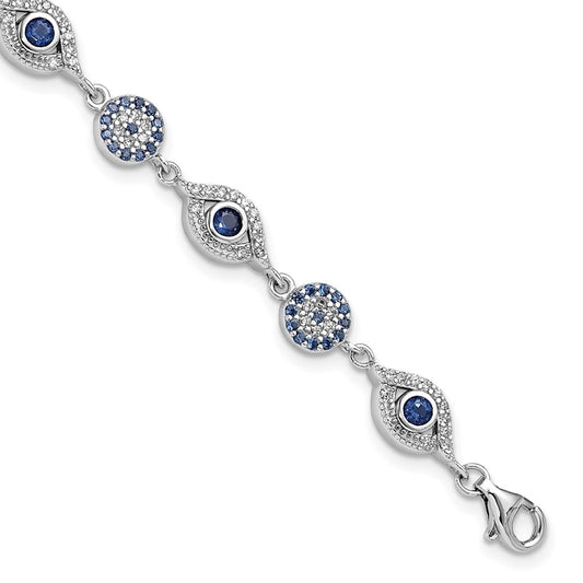 Sterling Silver RH-plated Blue White CZ Evil Eye 7.25in w/1.5in ext. Bracel QG6476-7.25