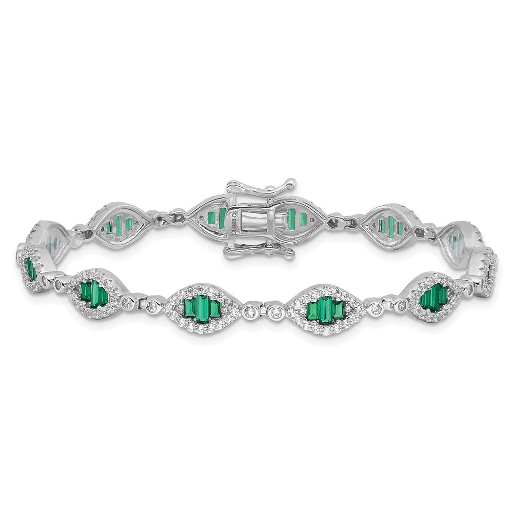 Sterling Silver Rhodium-plated White and Green CZ Link Bracelet QG6480-7