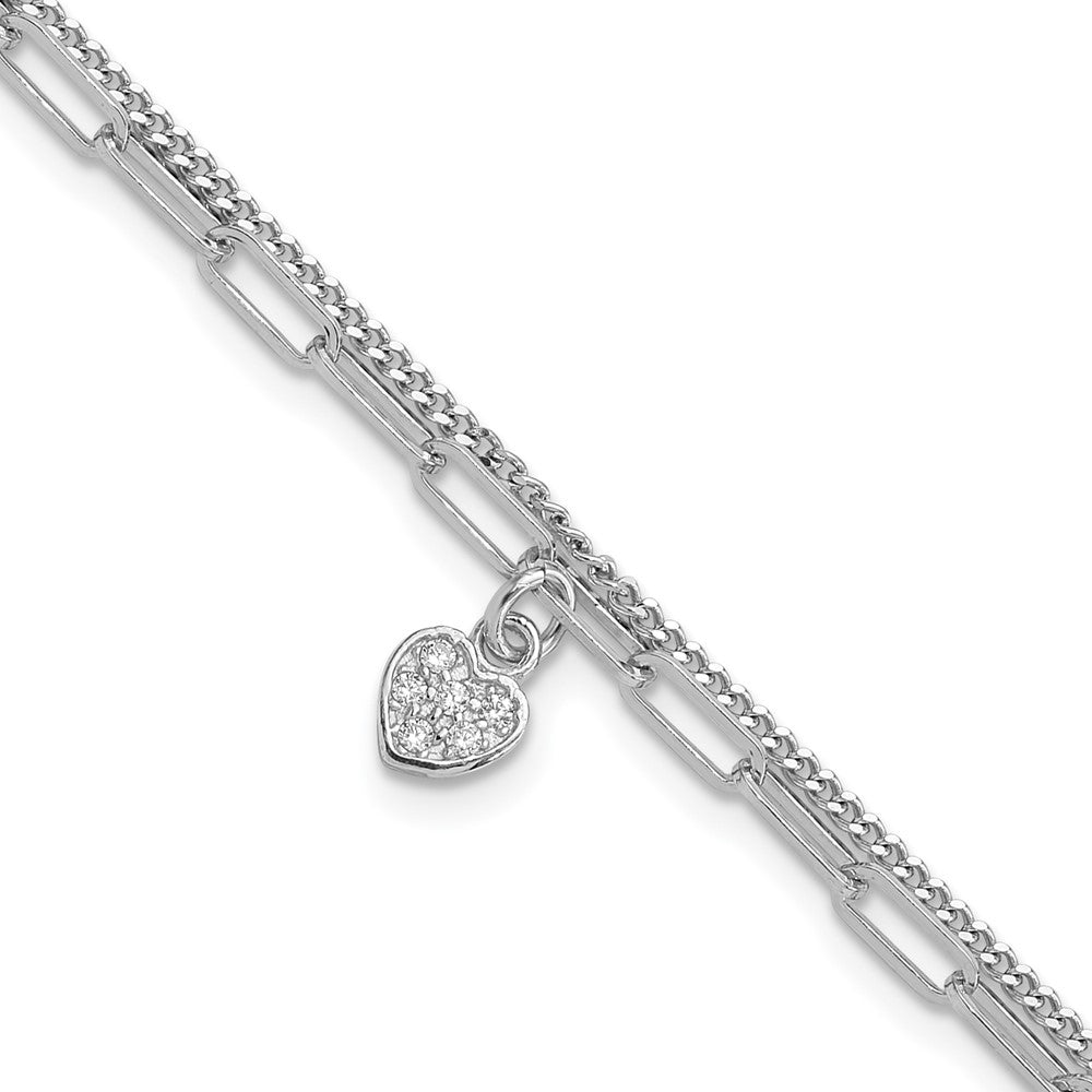 Sterling Silver Rhodium-plated CZ Heart 6.75in w/1in ext. Bracelet QG6494-6.75